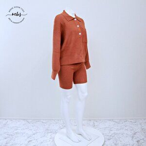 Mable Button Up Knit Sweater & High Waist Knit Shorts Orange‎ Brown Women
